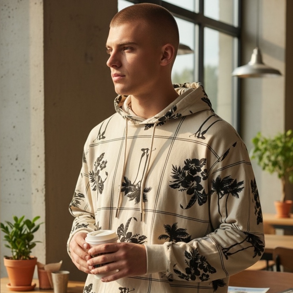 Men's Cream and Black Graphic Hoodie (NWT)